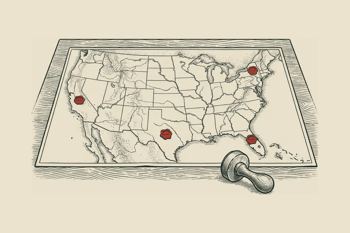 Engraved map of the United States with several states marked by red wax seals